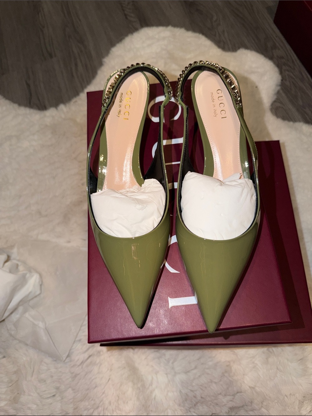 Gucci Olive Patent Leather Pointed Slingback Heels with Chain